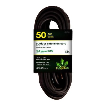 Gogreen SJTW Extension Cord, 16 AWG, Outdoor, 16/3, 1 Outlets, Black, 50 ft GG-13750BK